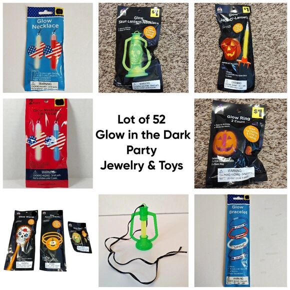 Lot of 52 Glow in the Dark, Glow Stick Holiday Party Jewelry Toys Rings Wand - Picture 1 of 16